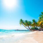 Sunny beach with calm turquoise water and lush green palm trees.