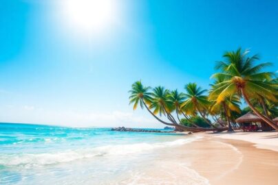 Sunny beach with calm turquoise water and lush green palm trees.