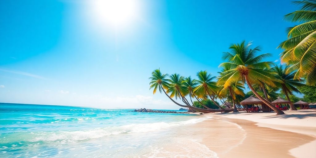 Sunny beach with calm turquoise water and lush green palm trees.