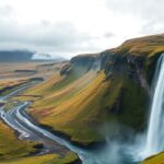 Majestic Icelandic waterfall cascading into a vibrant green valley.