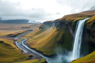 Majestic Icelandic waterfall cascading into a vibrant green valley.