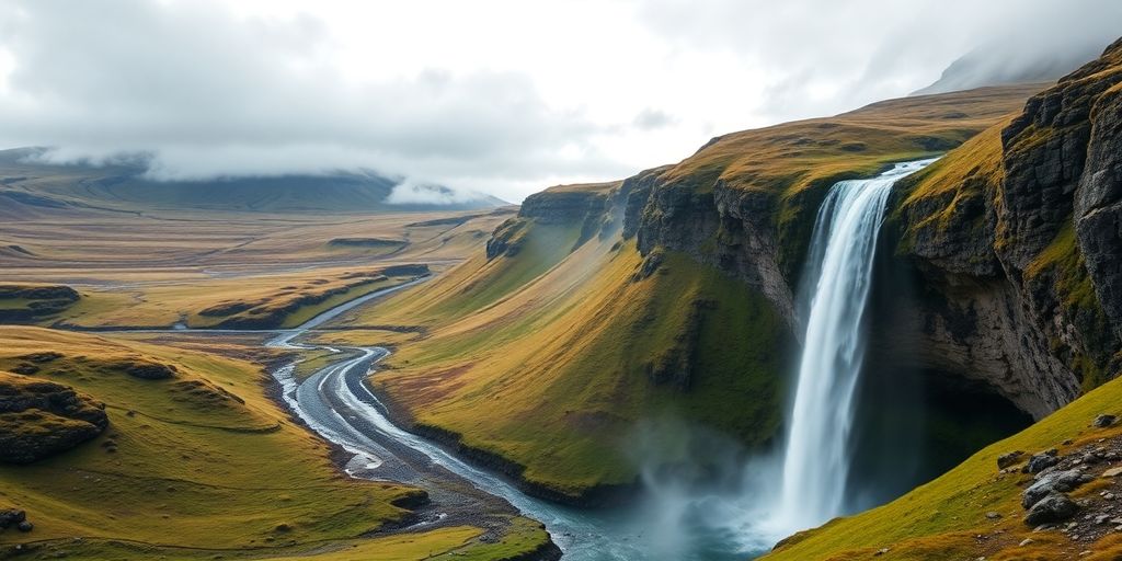 Majestic Icelandic waterfall cascading into a vibrant green valley.