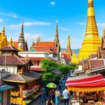 Vibrant Asian cityscape with colorful temples and bustling street markets.