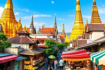 Vibrant Asian cityscape with colorful temples and bustling street markets.