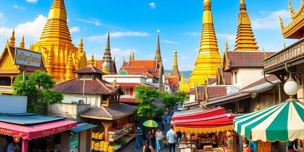 Vibrant Asian cityscape with colorful temples and bustling street markets.