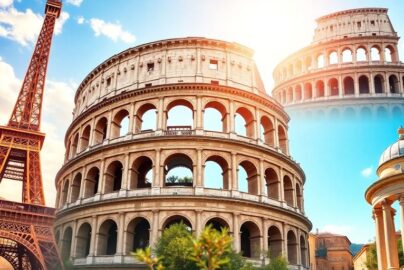 Scenic European landmarks with a budget-friendly travel theme.
