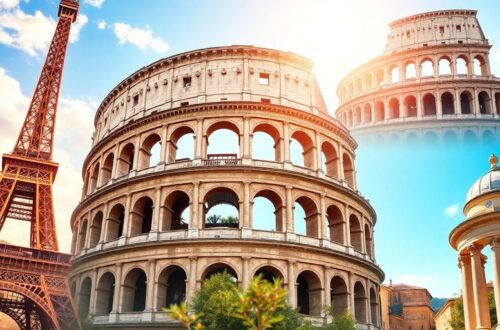 Scenic European landmarks with a budget-friendly travel theme.