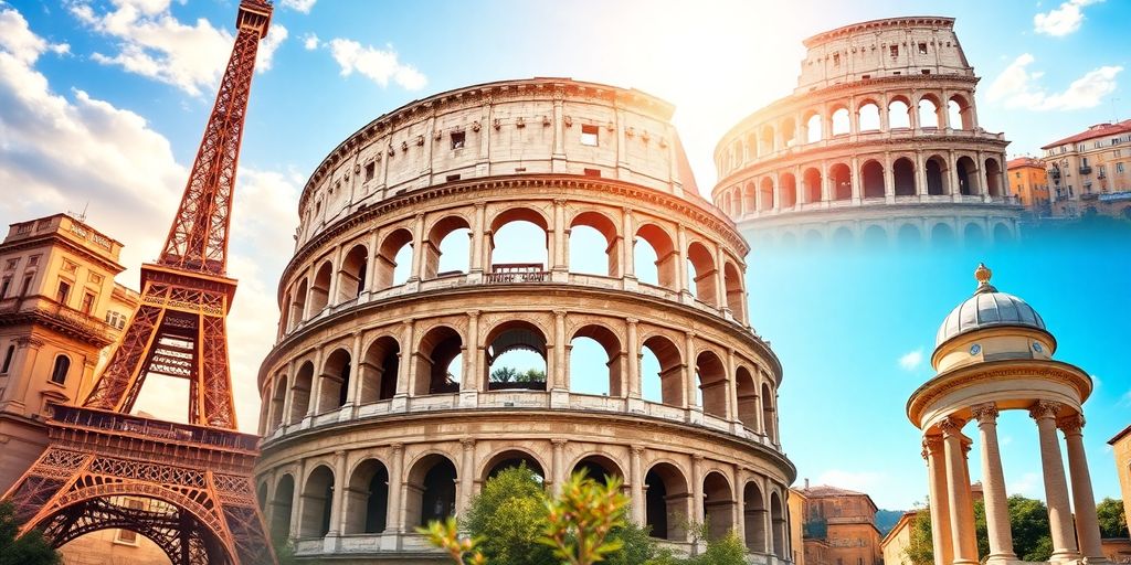 Scenic European landmarks with a budget-friendly travel theme.