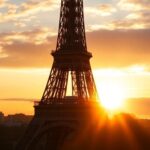 Eiffel Tower at sunset with a budget travel theme.