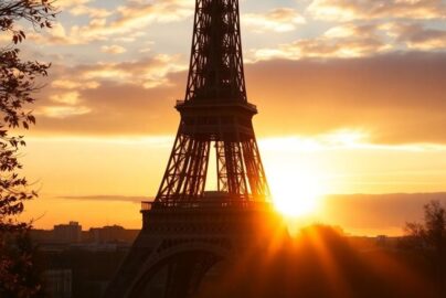 Eiffel Tower at sunset with a budget travel theme.