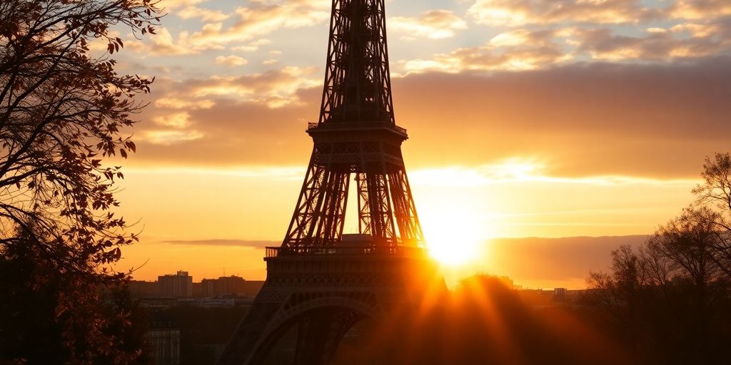 Eiffel Tower at sunset with a budget travel theme.