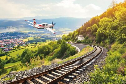 Airplane flying over train tracks, European landscape.
