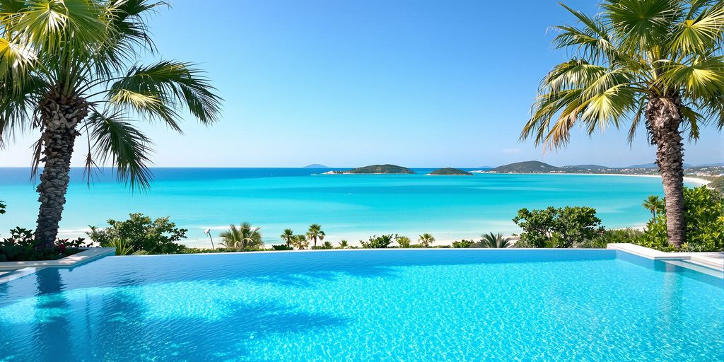 Luxury European resort pool with ocean view.