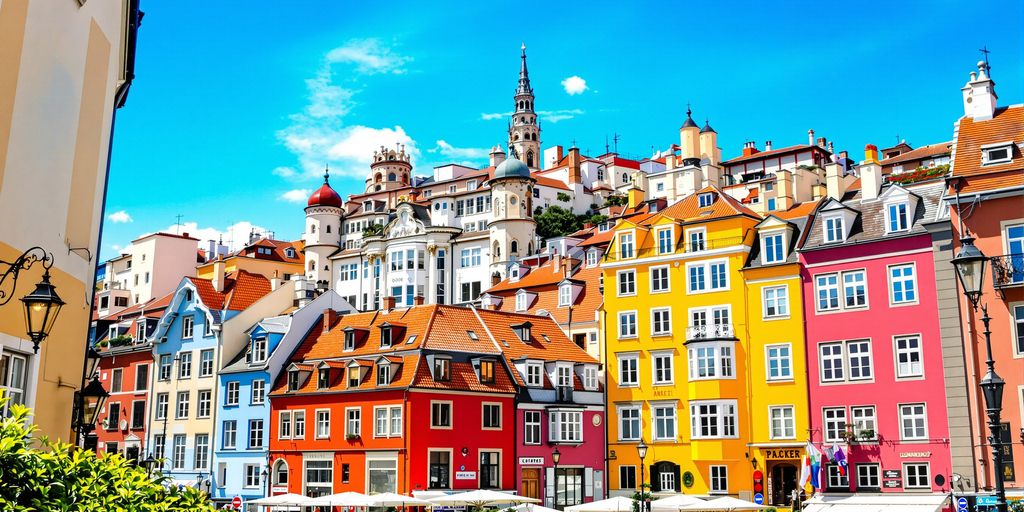 Colorful European city street with cobblestones and historic buildings.