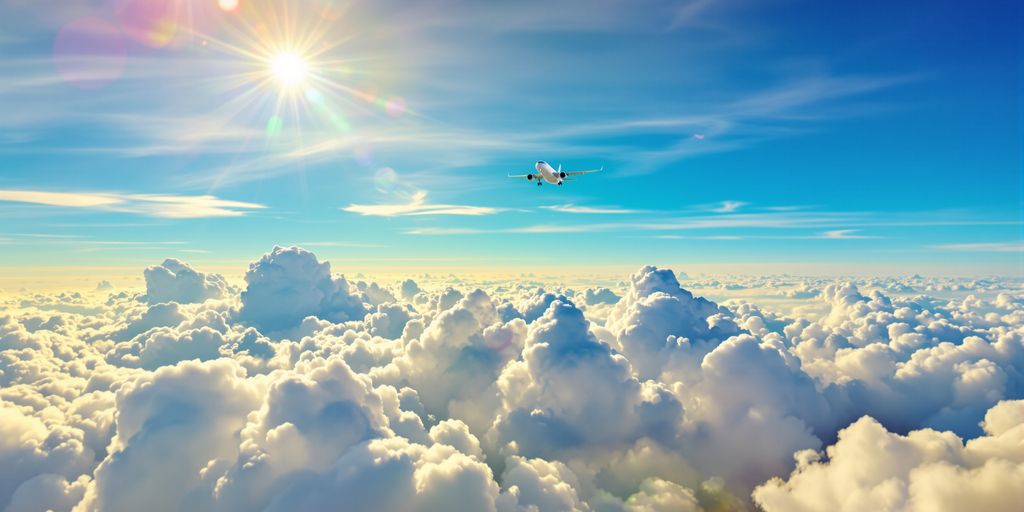 Airplane soaring above clouds towards a distant horizon.