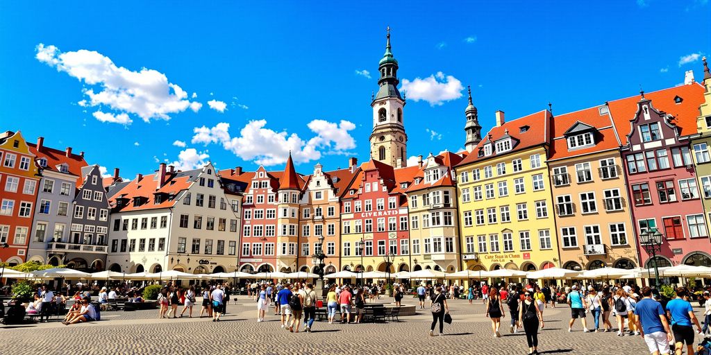 Students in a European city square.