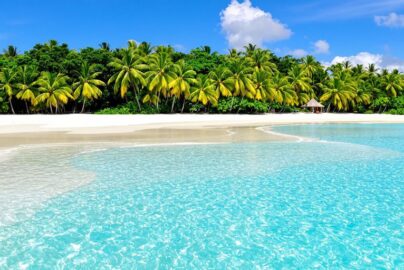 Tropical island beach with clear blue water.