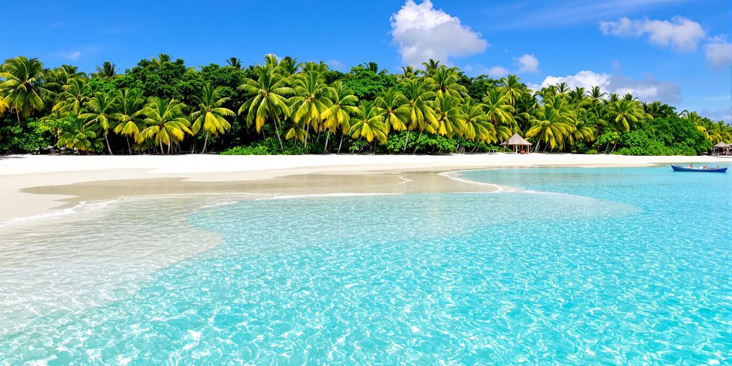 Tropical island beach with clear blue water.