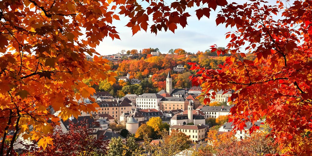 Colorful autumn foliage overlooking a European cityscape.