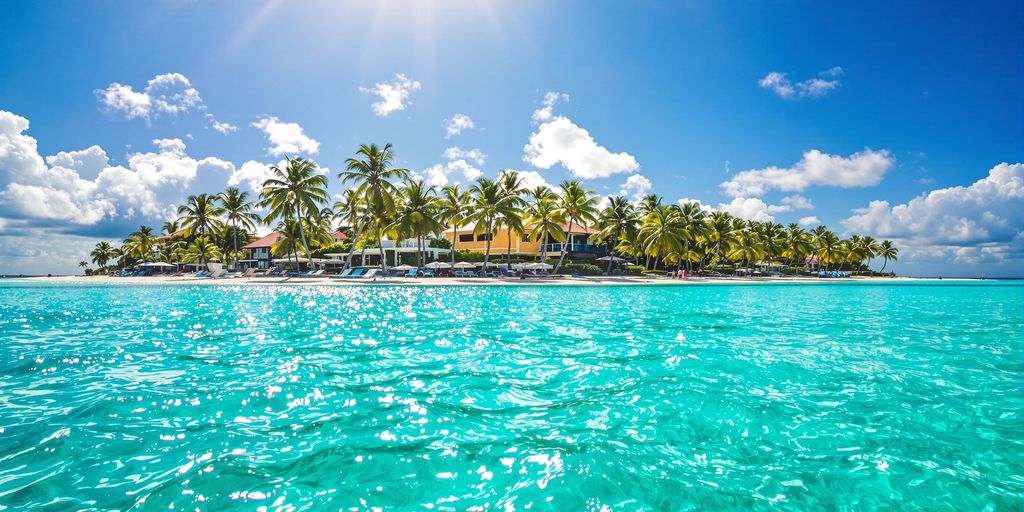 Sunny beach with clear blue water and lush green palm trees.