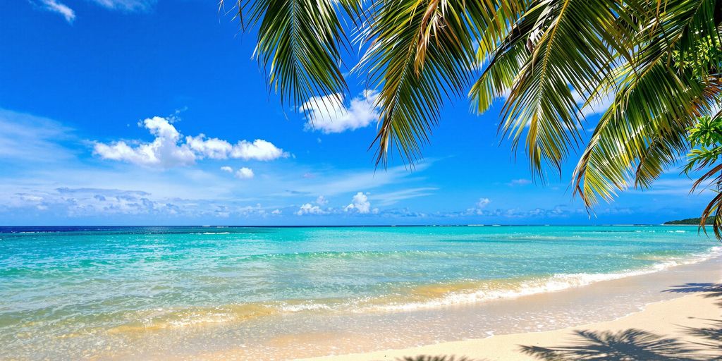 Beach with clear blue water and palm trees.