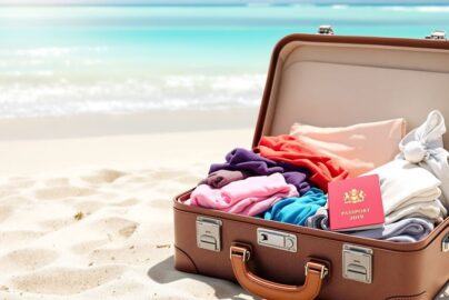 A beach scene with a suitcase and passport.