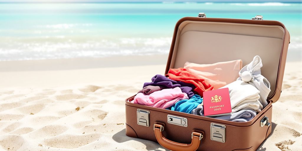 A beach scene with a suitcase and passport.