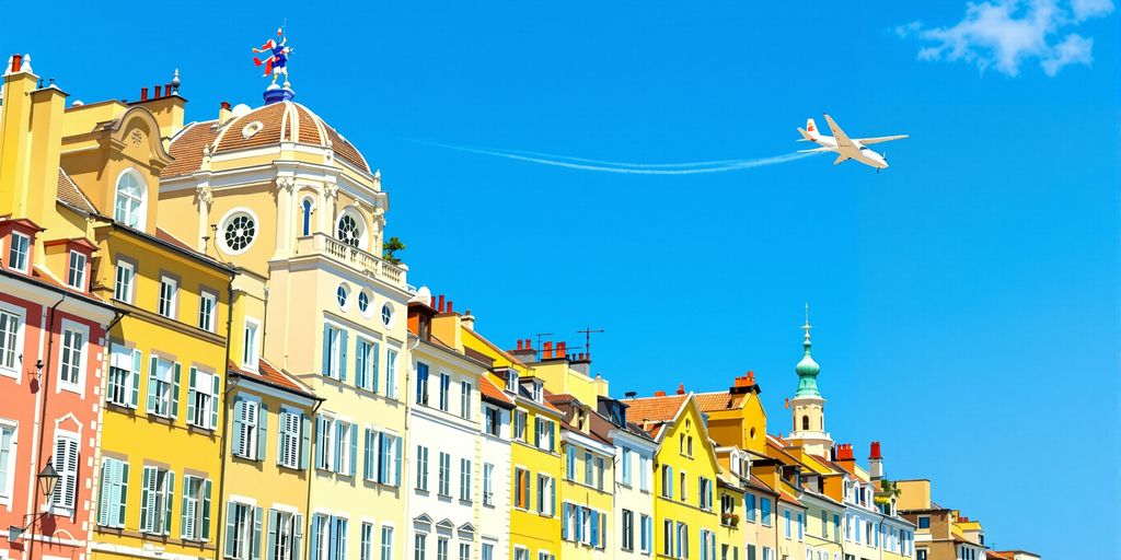 European cityscape with vibrant colors and stylized airplane.