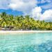 Tropical beach resort with turquoise water and palm trees.
