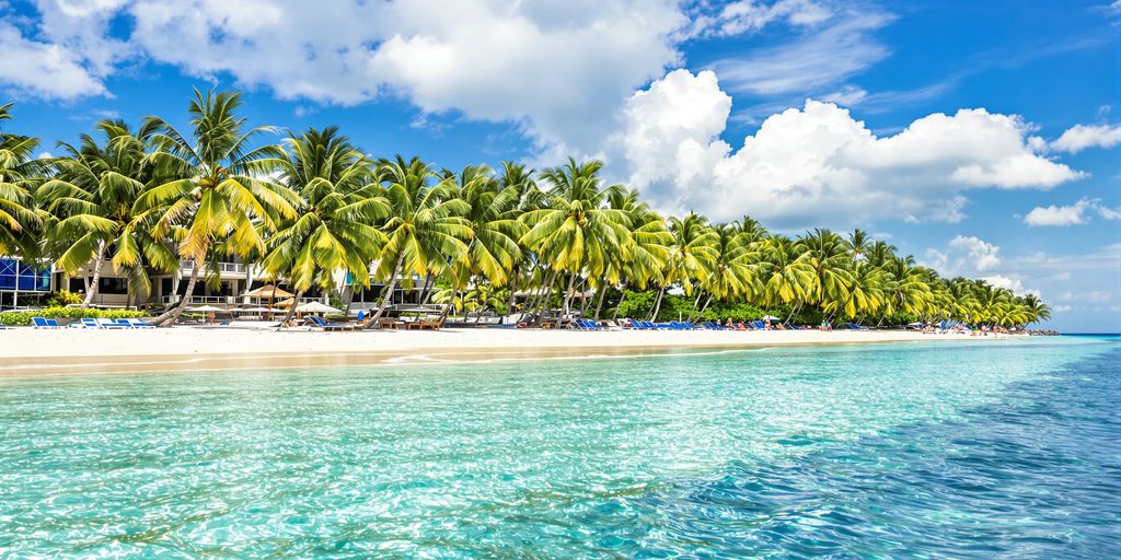 Tropical beach resort with turquoise water and palm trees.