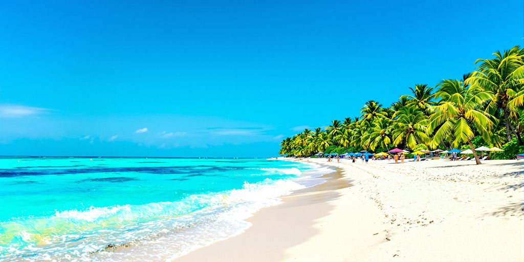 Tropical beach with crystal clear water and palm trees.