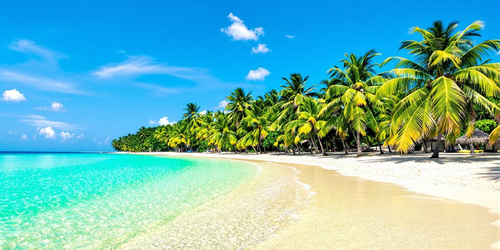 Sun-drenched beach with clear turquoise water and palm trees.