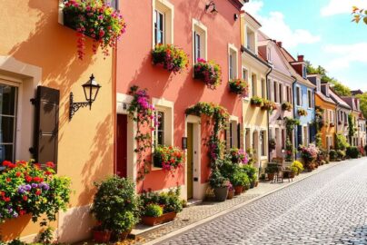 Charming European village street with cobblestones.