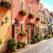 Charming European village street with cobblestones.