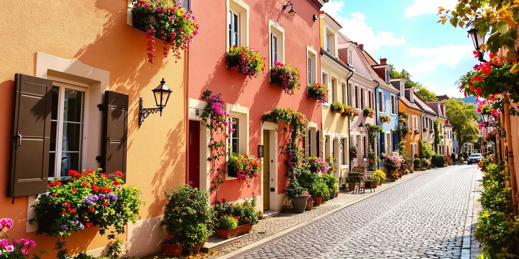 Charming European village street with cobblestones.