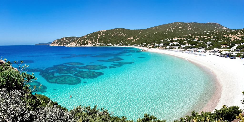 Crystal blue waters lapping against a sun-drenched Greek island beach.