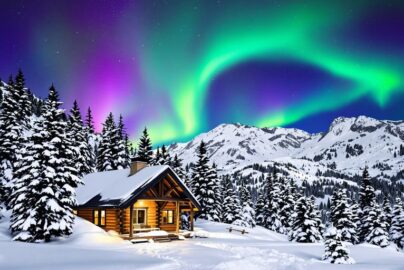 Snow-covered mountains with a cozy cabin and aurora borealis.