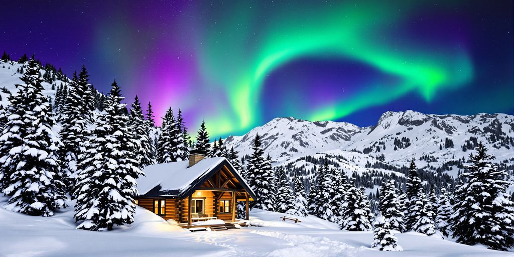 Snow-covered mountains with a cozy cabin and aurora borealis.