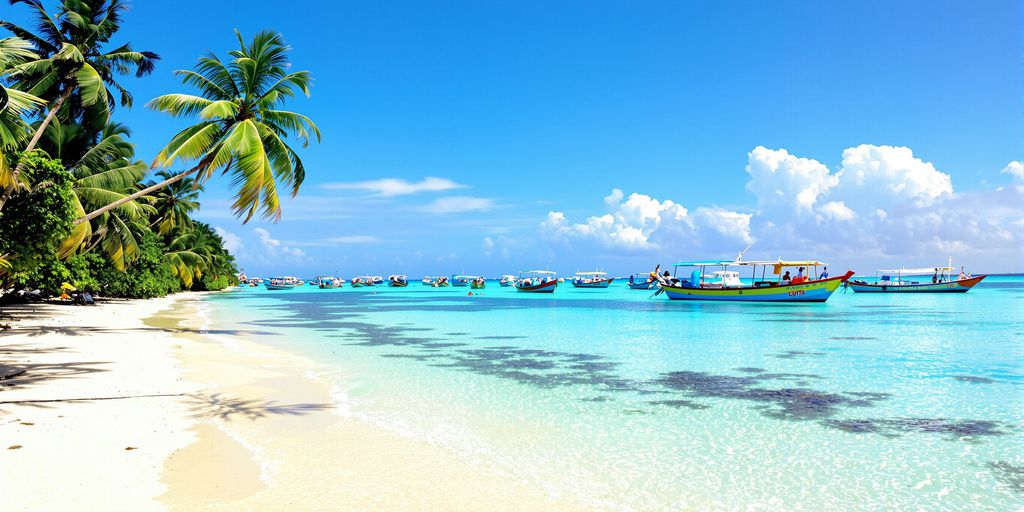 Tropical beach with palm trees and clear blue water.