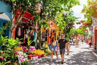 Family exploring a vibrant, colorful foreign market on an affordable trip.