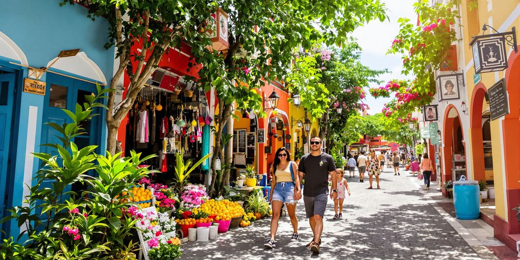 Family exploring a vibrant, colorful foreign market on an affordable trip.