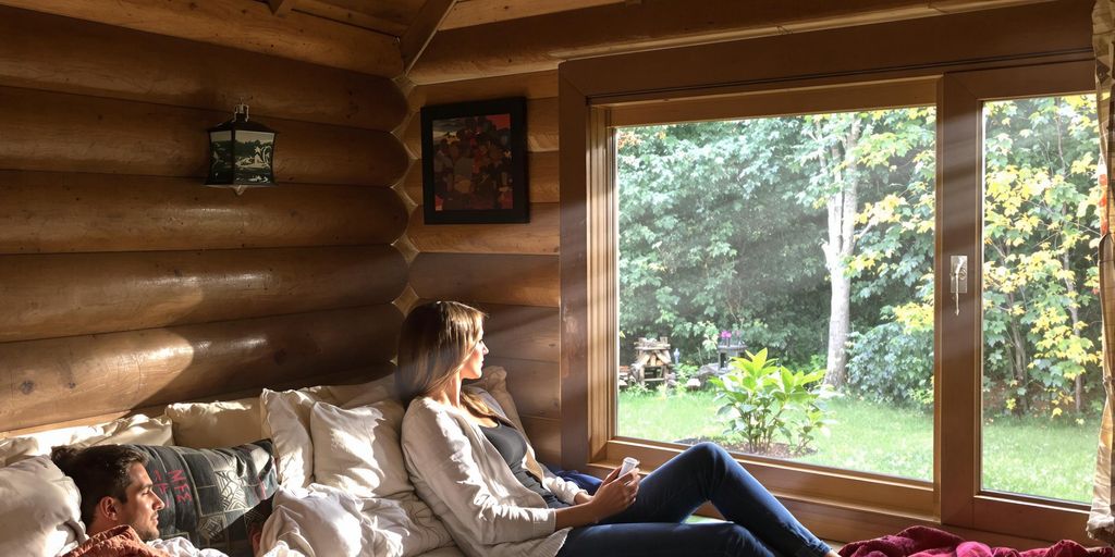 Couple relaxing in a cozy cabin with a scenic view.
