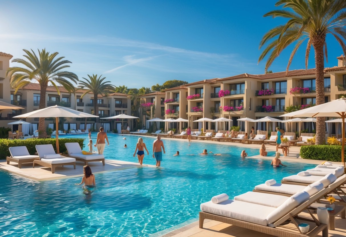 A luxurious European all-inclusive resort with a large swimming pool, sun loungers, palm trees, and Mediterranean-style buildings under a clear blue sky.