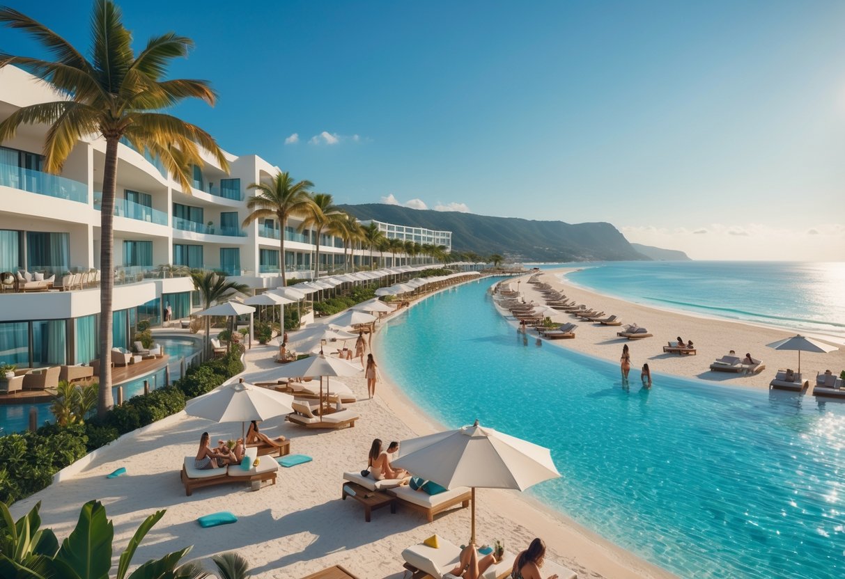 A luxurious beachfront resort with pools, palm trees, and guests enjoying a sunny day by the sea.