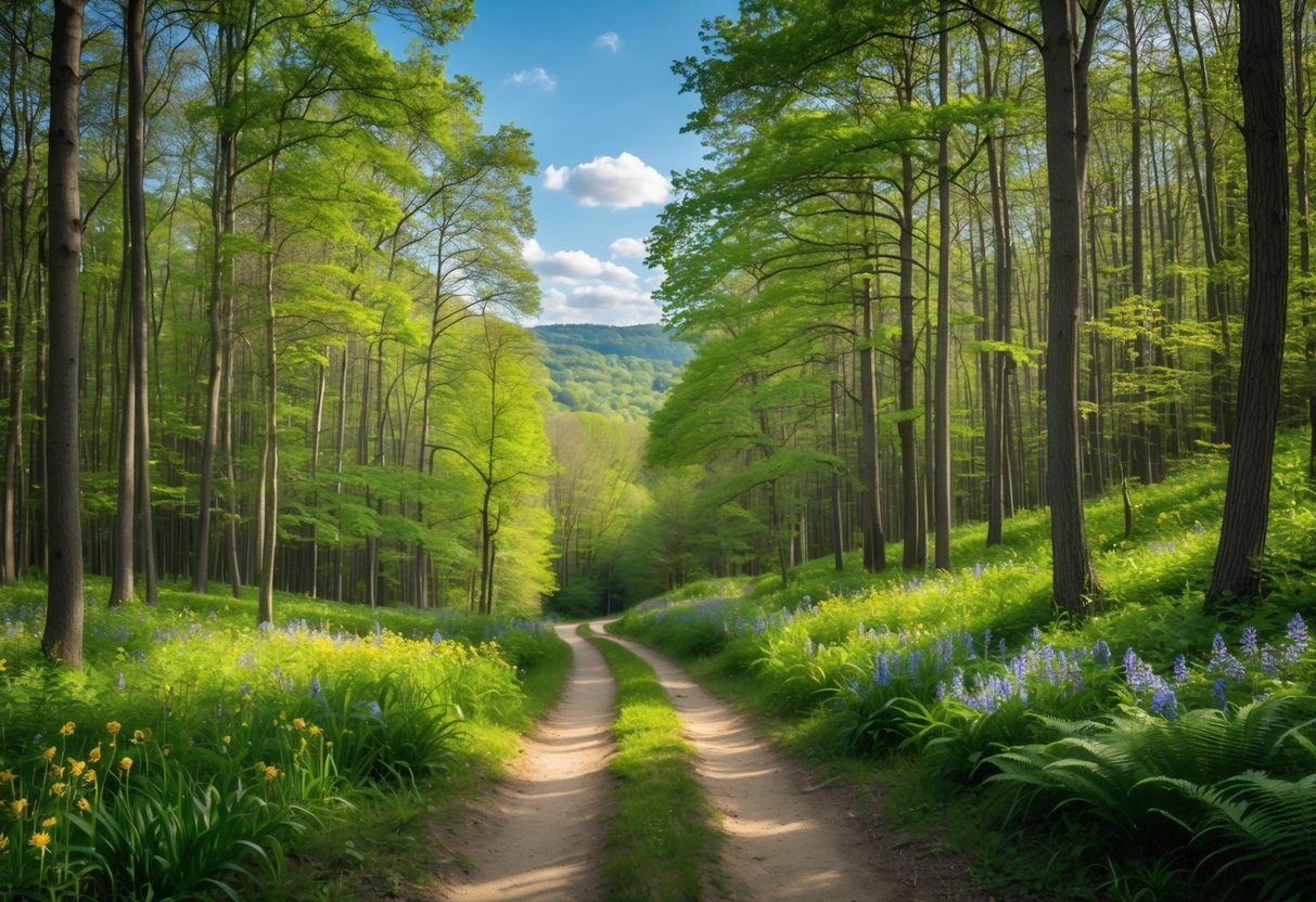A winding forest trail surrounded by tall green trees and wildflowers under a blue sky with scattered clouds.