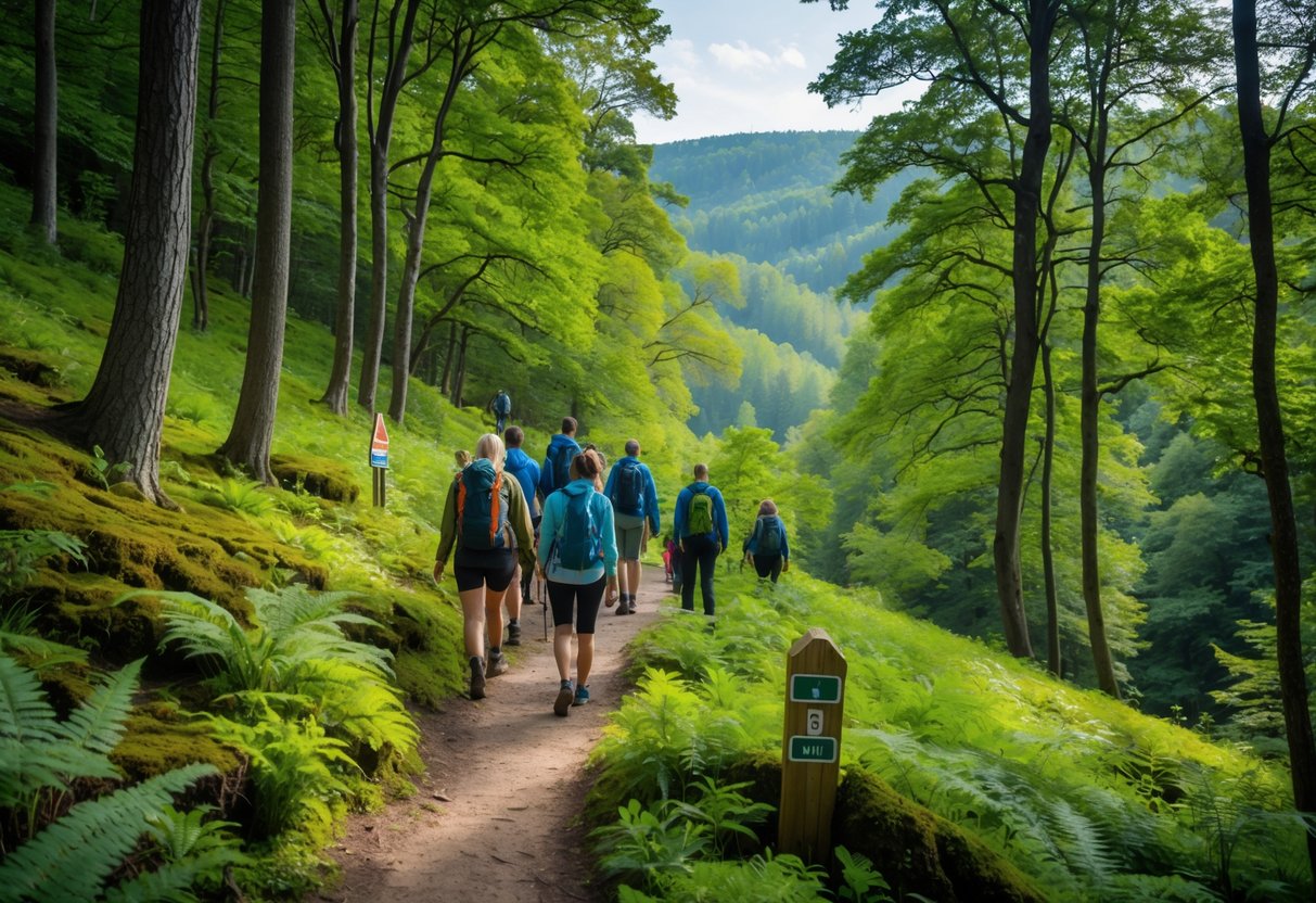 A group of hikers walking on a forest trail surrounded by tall green trees and sunlight filtering through the leaves.