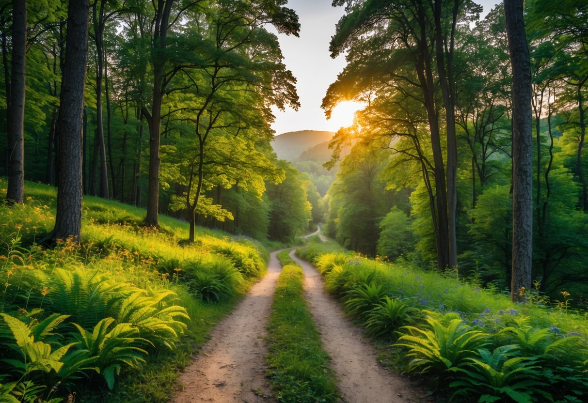 A winding forest hiking trail surrounded by tall green trees and wildflowers with sunlight filtering through the leaves.