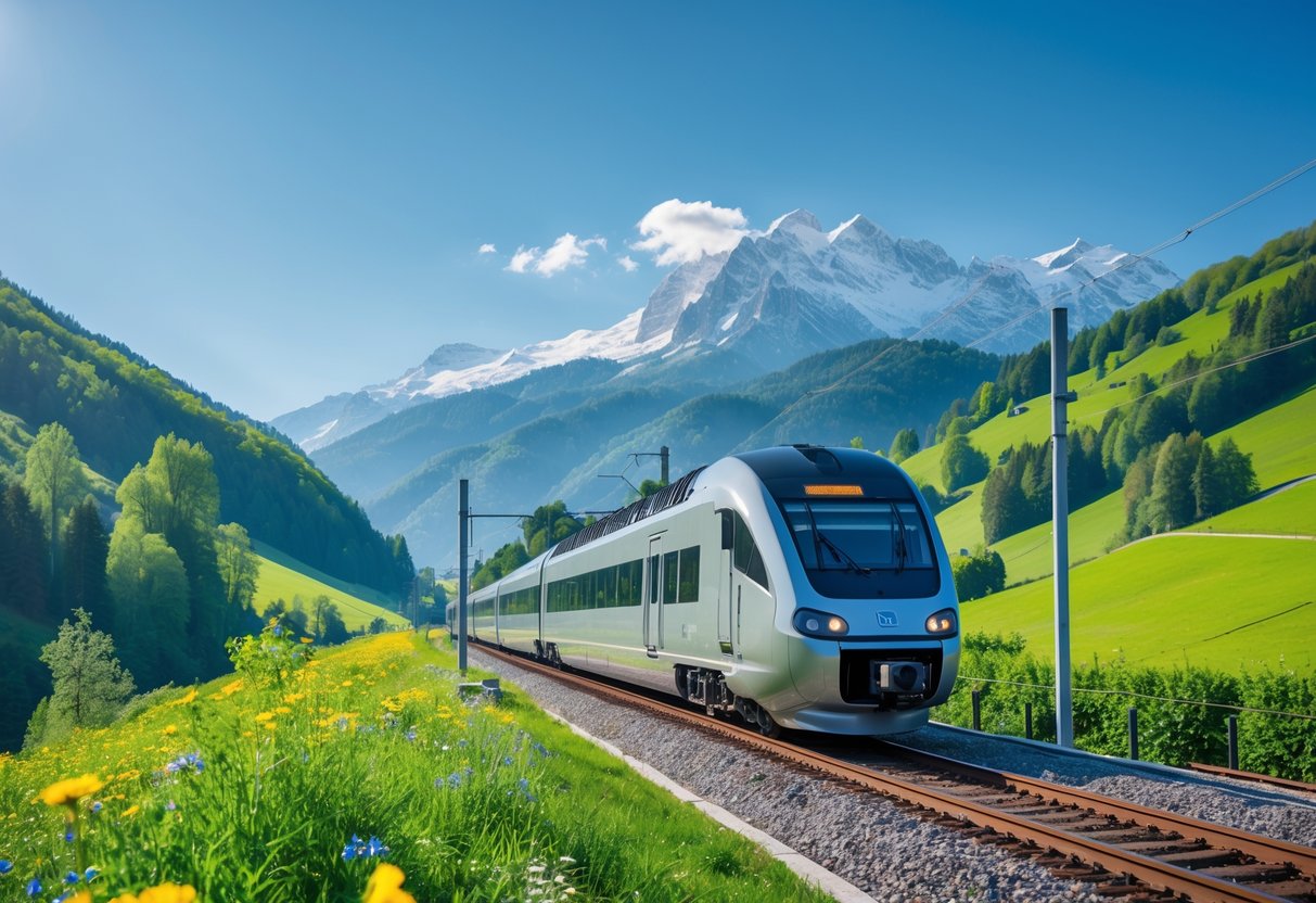 A modern train traveling through green countryside with hills and mountains in the background on a clear day.