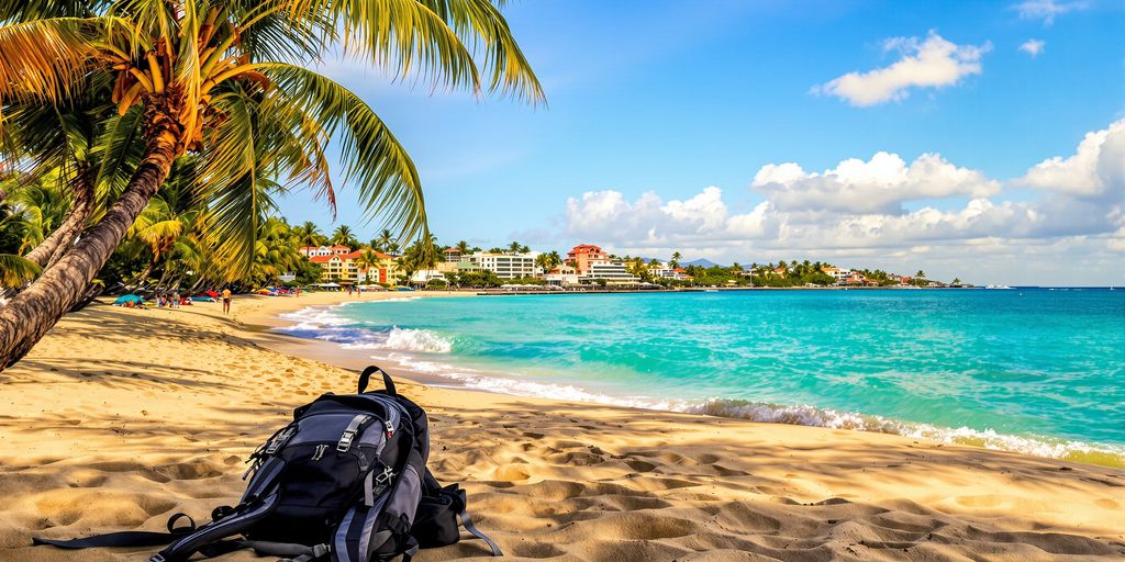 Sunny beach with backpack and colorful coastal buildings.