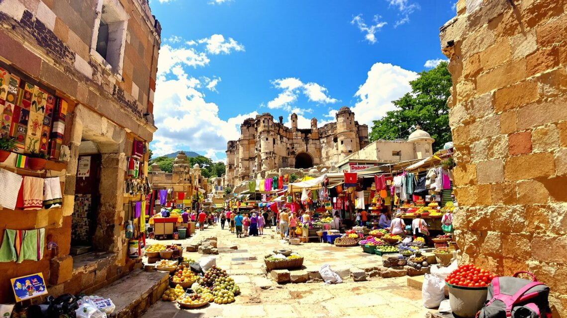 Ancient ruins and colorful market in a sunny foreign land.